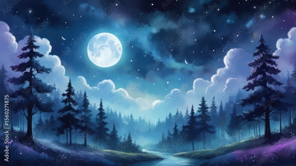 Naklejka premium A full moon illuminates a tranquil forest scene at night with a river flowing through it