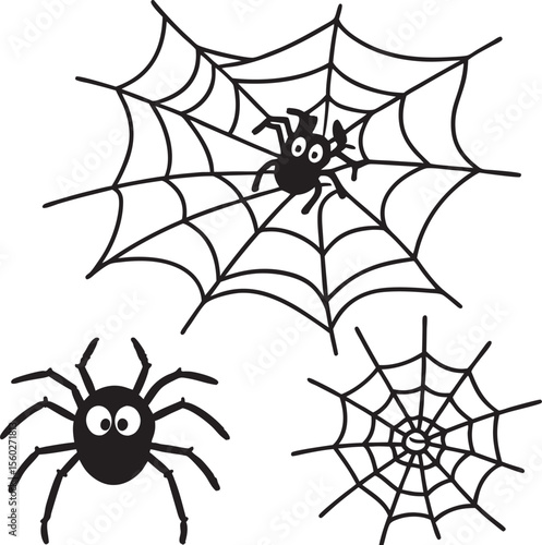 Cute cartoon spiders and a black spider web on a white background.