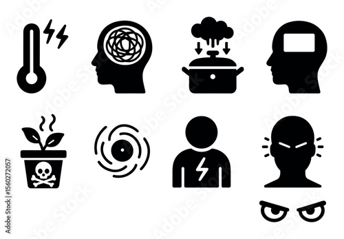 Health, stress, cooking, solid icon set. brain, temperature, symbol collection