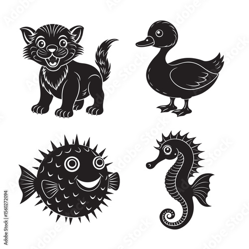 silhouette of black funny animal puffer ,seahorse ,duckling bundle on the white background  
