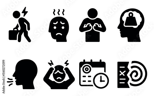 Health and stress solid icon set. physical and mental wellness signs collection
