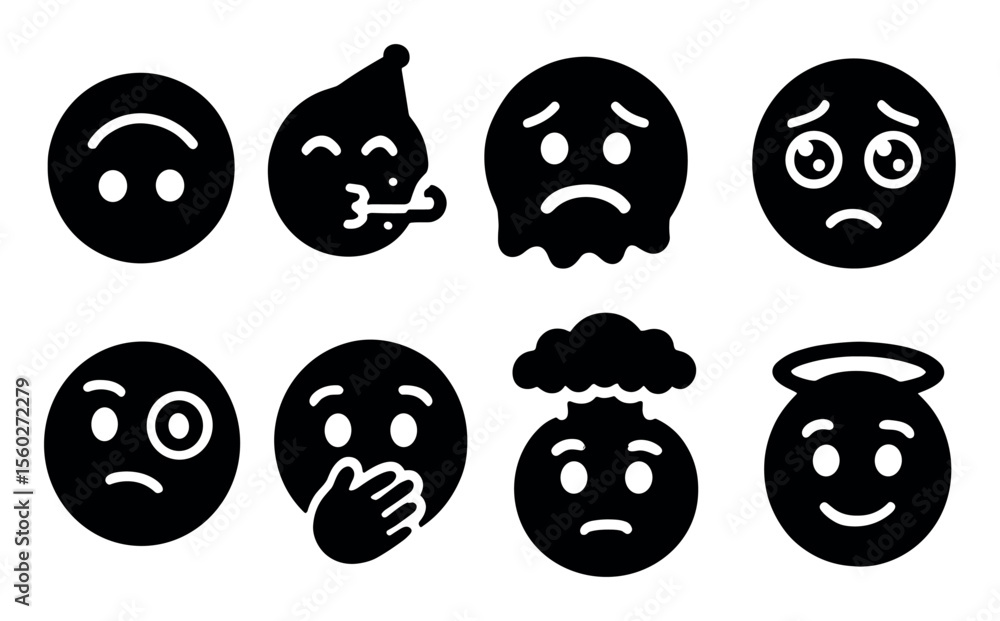 Emoji silhouette icon set: smiley, sad, party mood silhouettes for fun expressions Emoji silhouette icon set: smiley, sad, party mood silhouettes for fun expressions