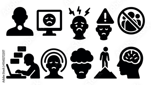 Mental health solid icon set. emotion, therapy symbols in filled design