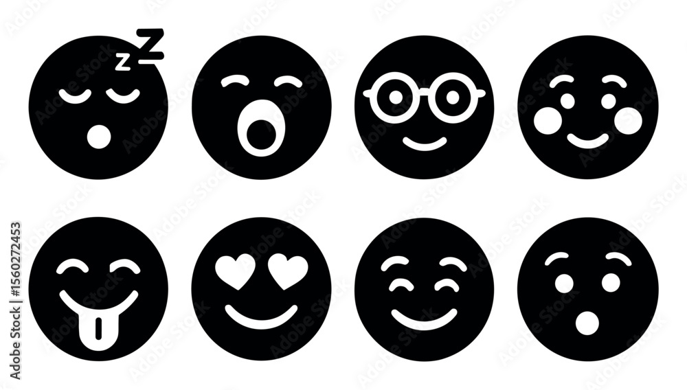 Emoticon solid icon set. expressions, moods, black circle emoji icons collection Emoticon solid icon set. expressions, moods, black circle emoji icons collection