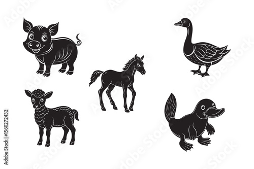 silhouette of black funny animal foal gosling lamb pig platypus s baby  bundle on the white background  