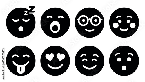 Emoticon solid icon set. expressions, moods, black circle emoji icons collection