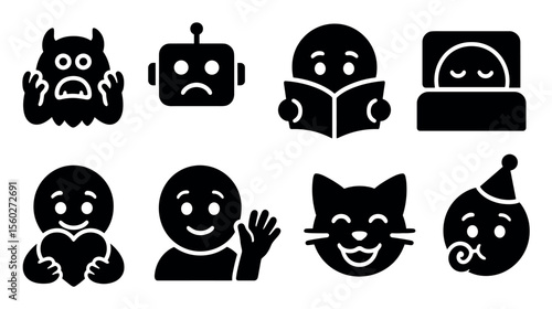 Emoji, emotion silhouette icon set. expressive face, gesture, robot, animal silhouettes