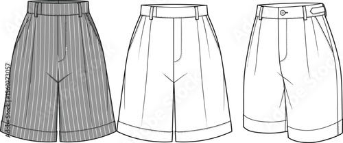 Women's Pleated Bermuda Shorts Mockup Template: Striped, Plain Front, and Back Views for Formal Wear, Business Casual, and Fashion Design.