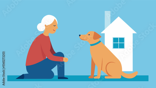A therapy dog sits next to an elderly person in their home. The animal is trained to alert others if the person falls or needs assistance providing a sense of security and. Vector illustration