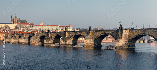 Panoramic View of Charles Bridge and Vltava River on Sunny Autumn Day