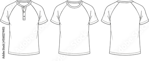 Men's Classic Short Sleeve Raglan Henley T-Shirt Mockup Template: Front, Back, and Plain Views for Apparel Design and Fashion Illustration, Vector Outline.
