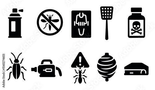 Pest control solid icon set. insect, pesticide, trap, deterrent symbols collection
