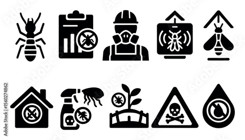 Pest control silhouette icon set. insects, chemicals, caution signs in silhouette style