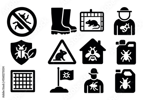 Pest control solid icon set: bugs, rodents, safety signs, and equipment icons