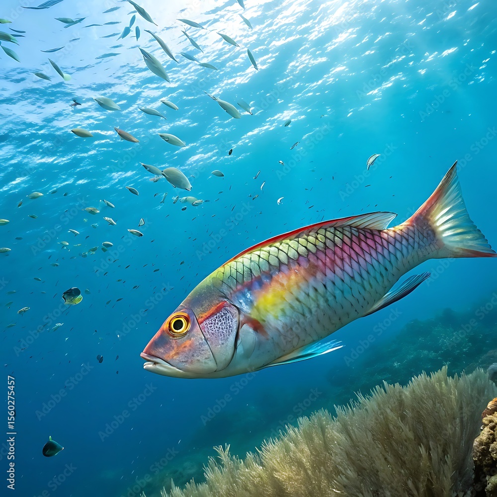 Fototapeta premium Rainbow scaled fish swimming in blue ocean underwater