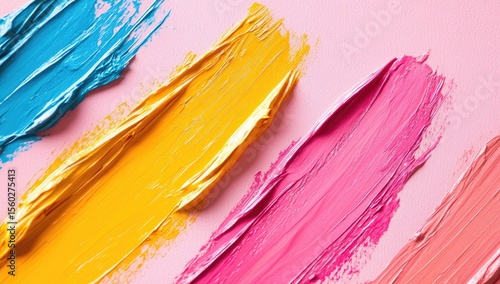 Vibrant paint strokes in diagonal lines of bright, bold colors on a soft pink background