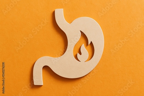 Beige Cardboard Stomach with Flame Symbolizes heartburn or acid reflux issues against vibrant orange background, ideal for digestive health advertising.