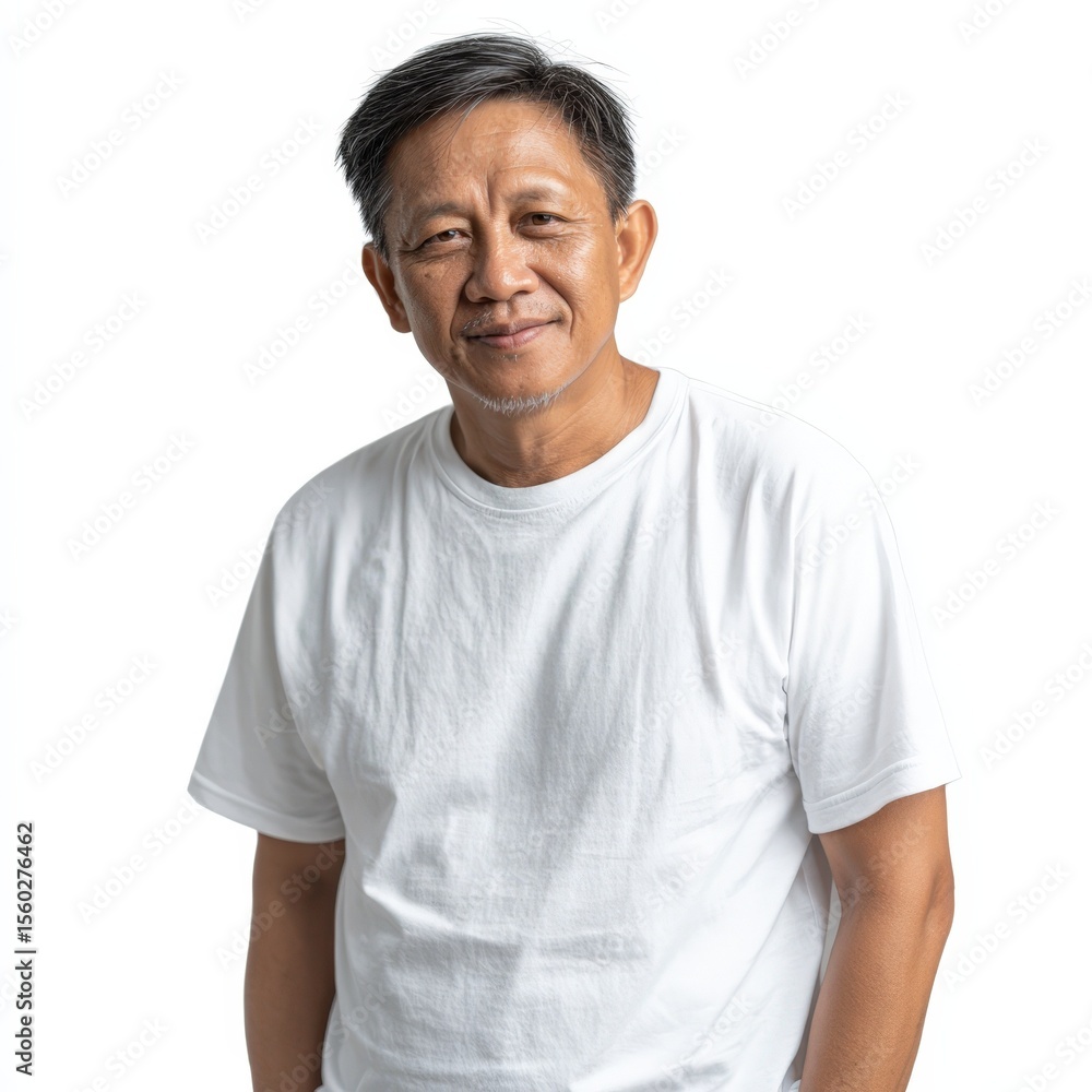 Portrait of a Happy Mature Asian Man Wearing a White T Shirt Against a White Background Portrait of a Happy Mature Asian Man Wearing a White T Shirt Against a White Background