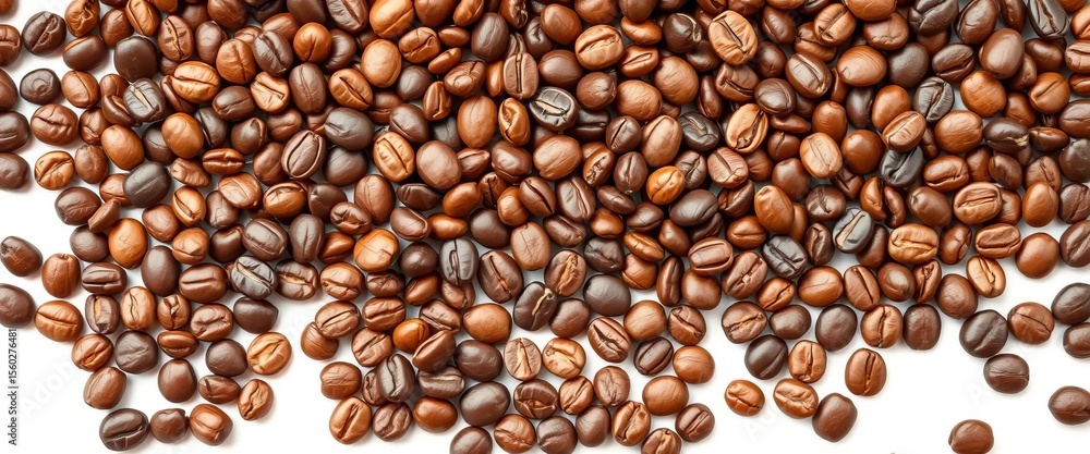 A rich assortment of coffee beans, various sizes and shades, isolated on pure white, dark, cafe A rich assortment of coffee beans, various sizes and shades, isolated on pure white, dark, cafe