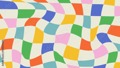 Psychedelic colorful checkerboard background. Abstract groovy hippie 60s-70s design. Distorted vector illustration in Y2k style