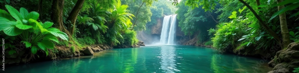 Obraz premium Khlong Lan's cascading water, lush green jungle backdrop, water, Thailand