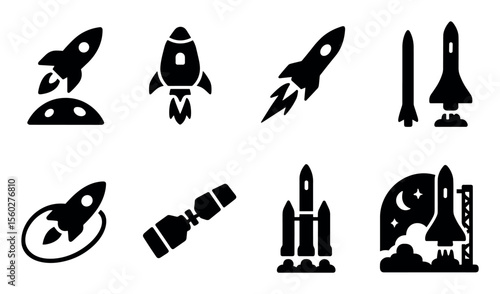 Space exploration silhouette icon set. rocket, shuttle, planet, satellite silhouette icons