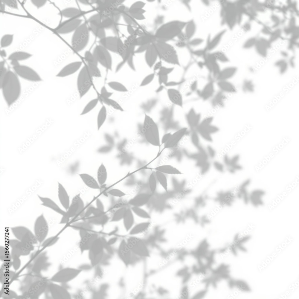 Fototapeta premium shadow overlay effect. Gray shadow of leaves isolated on white background. Plant foliage leaf shadow light effect. Mockup Blurred tree branch shadow. Ideal for summer spring design elements PNG