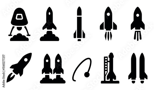 Space exploration solid icon set. rockets, astronauts, planets, and more in bold design