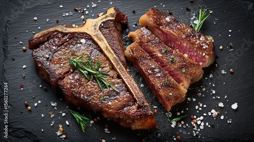 Dry Aged Barbecue Porterhouse Steak T-bone beef steak sliced with large fillet piece with herbs and salt