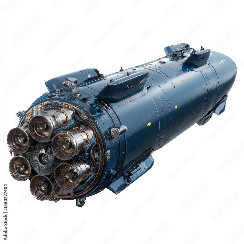 Fototapeta premium Futuristic Spaceship Design Detailed View of a Dark Blue Rocket Engine with Multiple Thrusters for Space Exploration