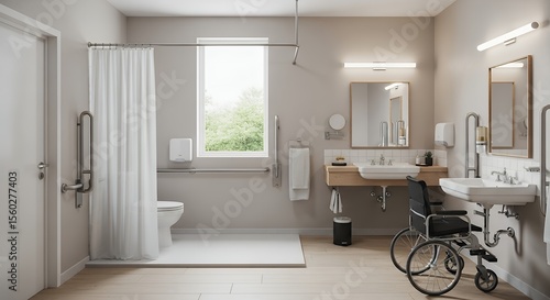 A modern bathroom designed for accessibility, featuring a wheelchair, shower, and grab bars.
