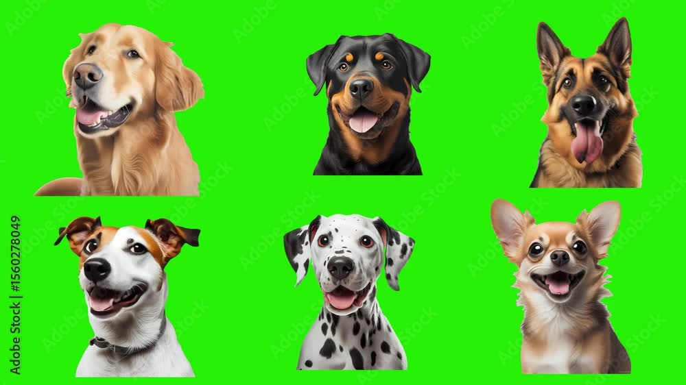 Dogs of Every Stripe: A vibrant assortment of dog breeds, each radiating unique charm and expression, ideal for adding a playful touch to any project. chroma key green screen background Dogs of Every Stripe: A vibrant assortment of dog breeds, each radiating unique charm and expression, ideal for adding a playful touch to any project. chroma key green screen background