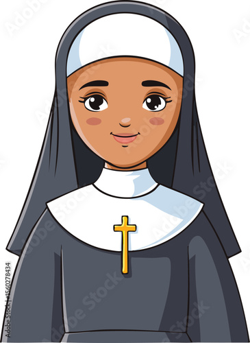 A smiling young nun, dark-skinned, wearing a traditional black habit and white wimple, with a gold cross.