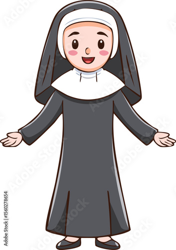 Cartoon illustration of a smiling nun with open arms, welcoming gesture.