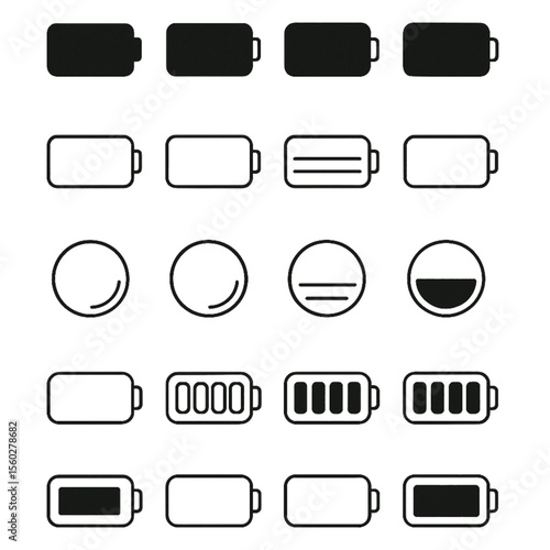 A collection of diverse battery level indicator icons, showing various states of charge from empty to full.