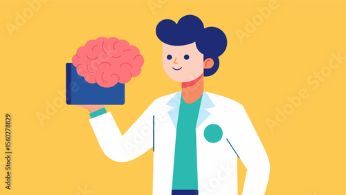 A scientist holding a brain scan demonstrating the positive effects of brain fitness programs on brain structure and function.. Vector illustration