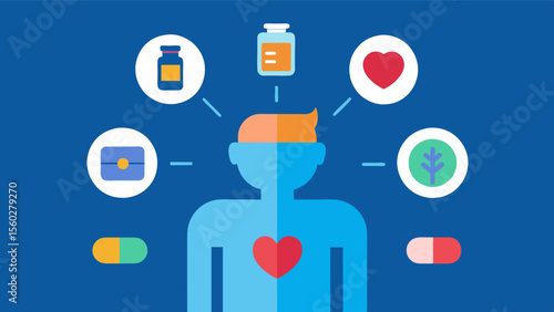 A cartoonstyle illustration of a persons body with arrows pointing to different areas affected by medication intake brain heart stomach etc.. A weekly pill organizer is shown next. Vector illustration