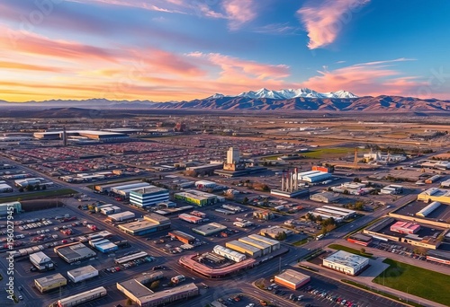 Southwest Reno industrial area, late spring aerial Sparks, Mt Rose, Slide Mountain snowcaps visible, drone, infrastructure