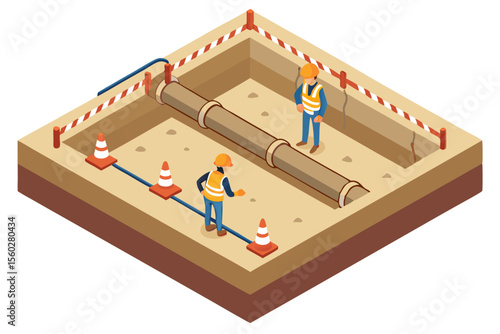 Isometric construction workers installing underground water pipe in trench