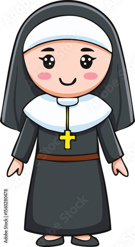 Cartoon illustration of a nun wearing a habit and a golden cross.