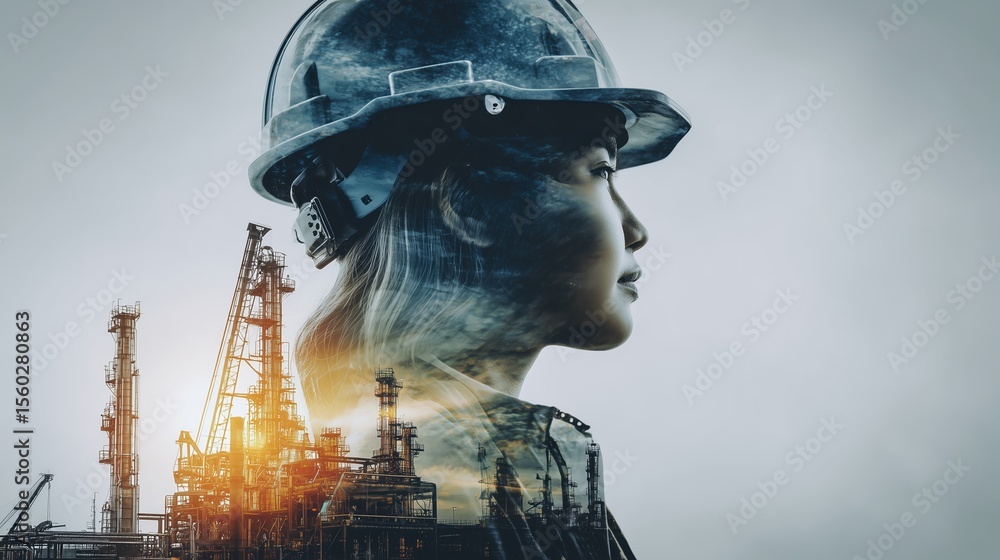 Double Exposure of Female Engineer in Industrial Environment Double Exposure of Female Engineer in Industrial Environment
