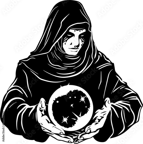 Mystical Fortune Teller Vector Illustration with Crystal Ball and Magical Elements