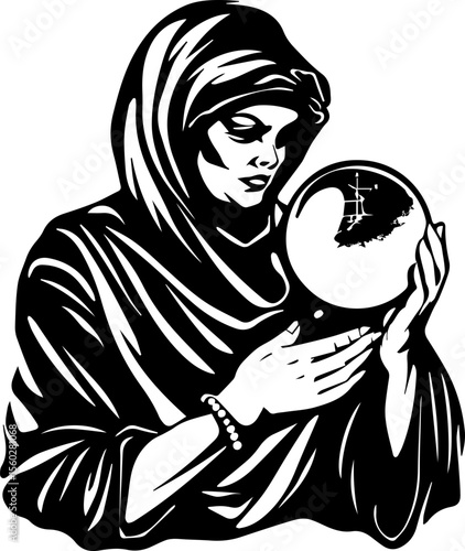 Mystical Fortune Teller Vector Illustration with Crystal Ball and Magical Elements