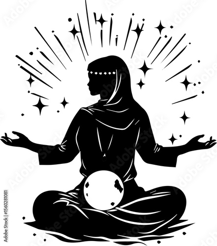 Mystical Fortune Teller Vector Illustration with Crystal Ball and Magical Elements