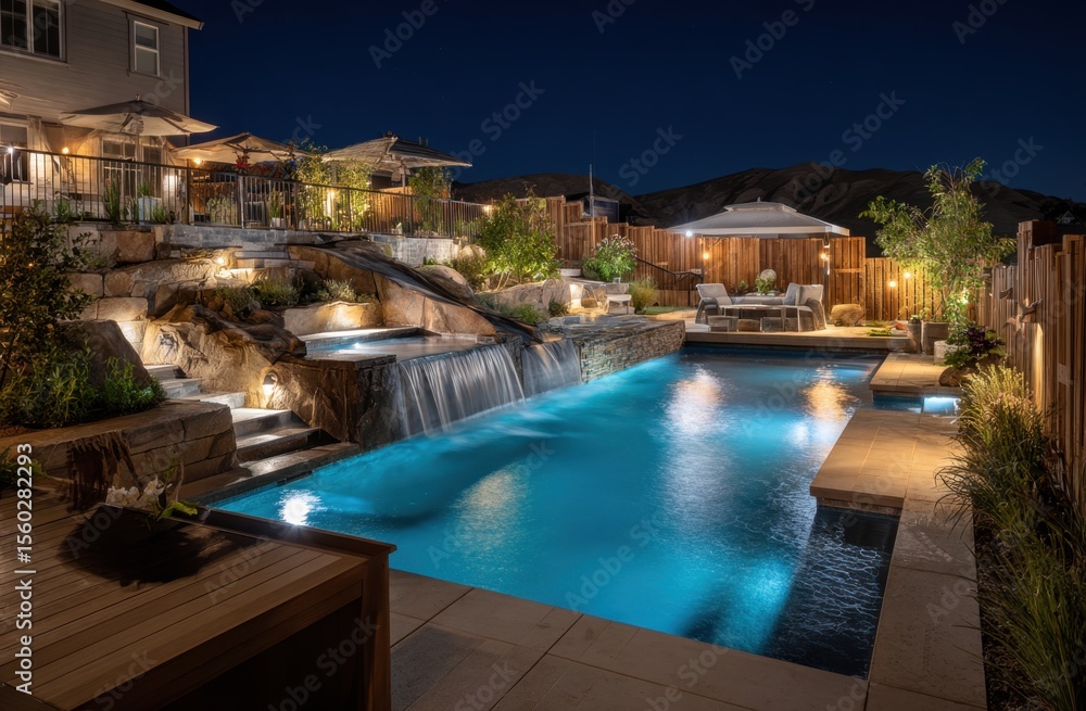 Fototapeta premium Serene Nighttime Oasis: Backyard Pool and Waterfall Illuminate a Luxurious Landscape