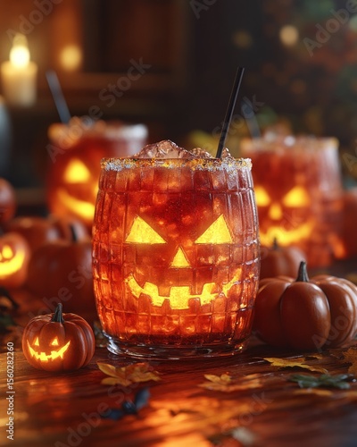 Spooky Halloween drink in jack-o'-lantern glass