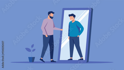 A man gazes at himself in a fulllength mirror scrutinizing every imperfection and berating himself for not meeting the unrealistic expectations of societys beauty standards.. Vector illustration