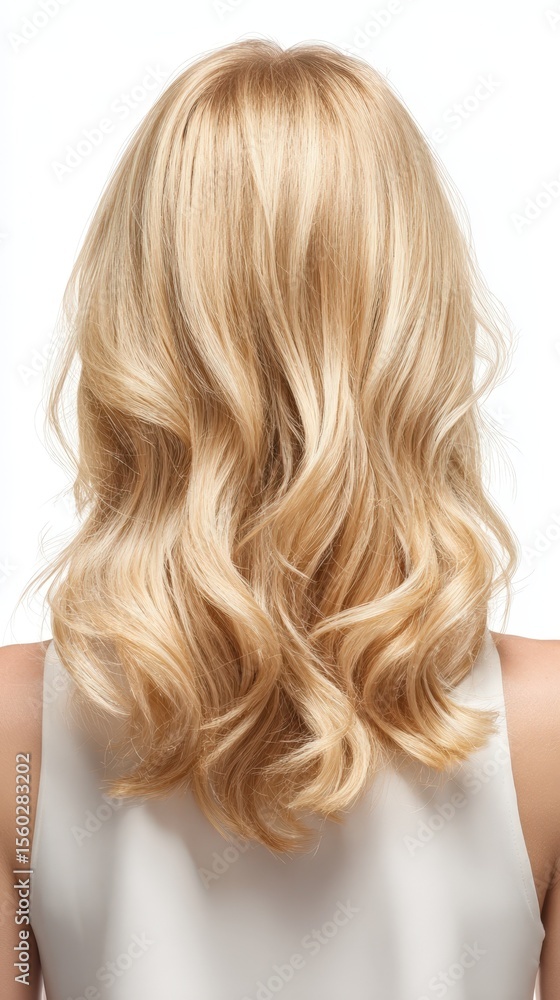 Fototapeta premium Stunning Blonde Woman's Long Wavy Hair Style Rear View Closeup Shot Perfect for Haircare Product Advertisement