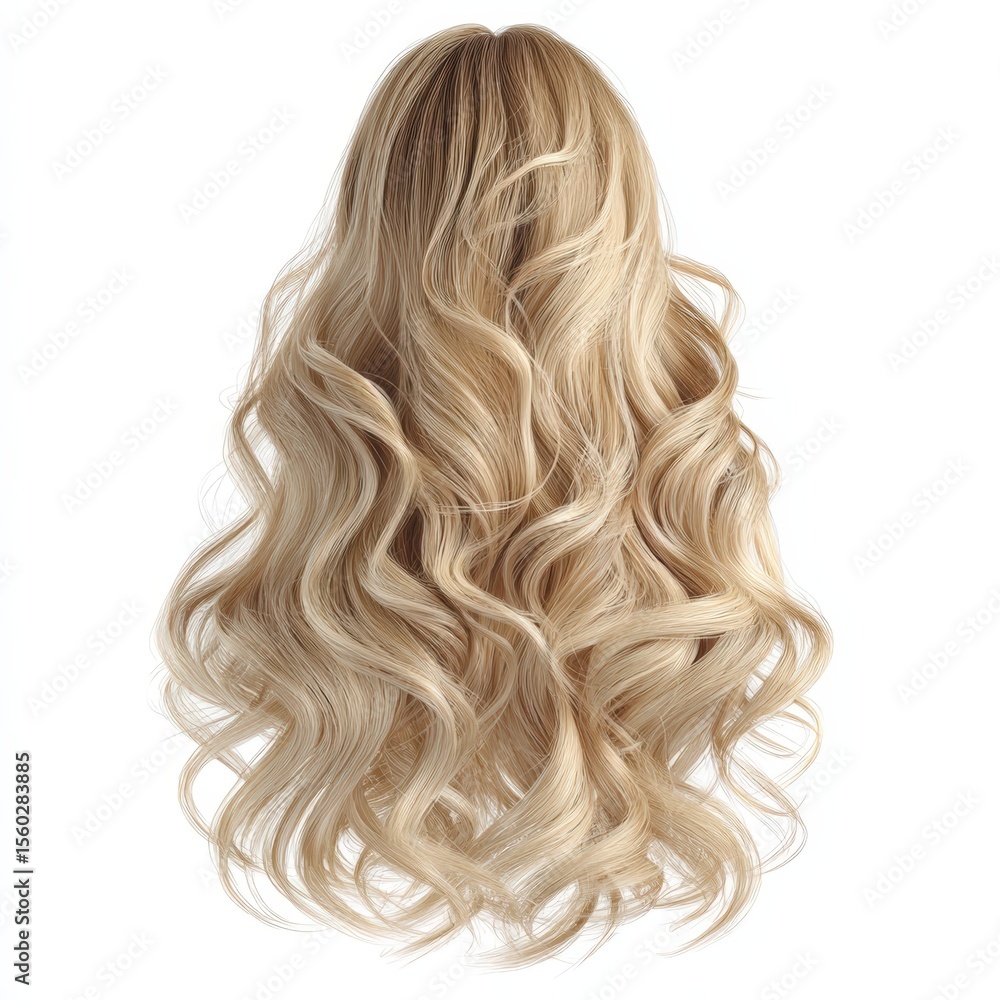 Naklejka premium Luxurious Blonde Wavy Hair Cascading Down Back Isolated on White Background for Hair Extensions and Beauty Products