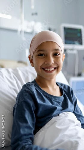 Happy child with cancer smiling in a hospital bed wearing a headscarf with medical equipment in the background. Optimistic patient.